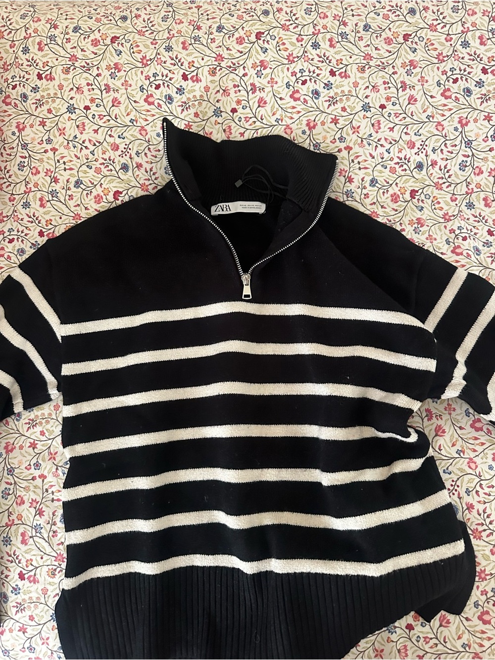 Zara Black and White Striped Zip-Up Sweater